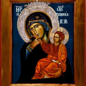 Maica Domnului Paramythia cu Pruncul, icoană tempera pe lemn, 2018, Călin Bogătean Icoane pe lemn disponibile Lucrări disponibile – icoană reinterpretată contemporană