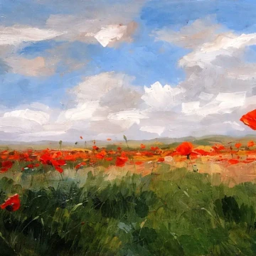 Peisaj cu maci
Pictură, ulei pe pânză, 2020
70 × 50 cm Peisaj cu maci înfloriți, pictură contemporană în ulei pe pânză de Călin Bogătean