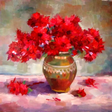 Crizanteme roșii în vas de lut verde
Pictură în ulei pe pânză, 2017
60 × 50 cm Crizanteme roșii în vas de lut verde, natură statică în ulei pe pânză, 2017