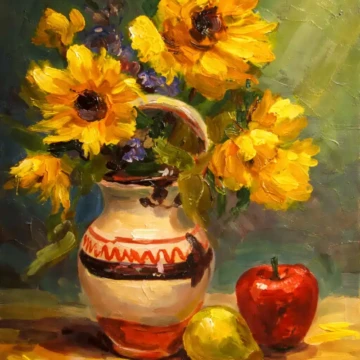 Culoarea care respiră lumină Floarea-soarelui în vas de lut și fructe – pictură în ulei pe pânză Natură statică cu flori – lucrare disponibilă pictură contemporană