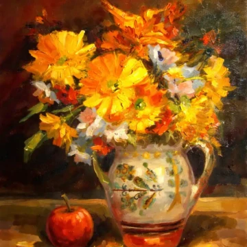 Flori galbene în vas de lut țărănesc
Flori multicolore în vas de lut și măr –
Flori galbene în vas de lut țărănesc
Pictură în ulei pe pânză, 2019
50 × 40 cm Flori galbene în vas de lut țărănesc, natură statică în ulei pe pânză, 2019