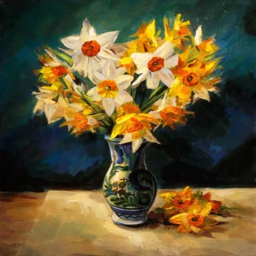 Narcise în vas de lut
Pictură în ulei pe pânză, 2018
50 × 40 cm Narcise în vas de lut, natură statică în ulei pe pânză, 2018