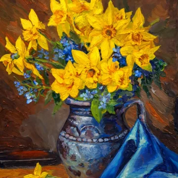 Narcise în vas de lut
, pictură în ulei pe pânză 2018
50 × 40 cm Tablou cu narcise în vas de lut – pictură în ulei pe pânză, natură statică