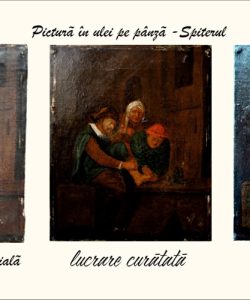 RESTAURARE pictură școala olandeză Restaurare pictură în ulei pe carton pictură românească tablou iarna Restaurare lucrare pictată pe carton pe pânză imagine cu lucrare restaurată imaginea comparată cu restaurarea înainte de restaurare și după restaurare lucrare de artă colecție particulară servicii de restaurare și conservare obiecte de artă pentru colecționari RESTAURARE pictura școala olandeză