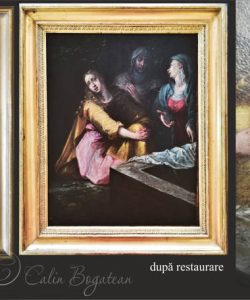 Restaurare pictură religioasă „Mironosițele la mormântul sfânt”, realizată prin intervenții controlate de curățare, stabilizare și conservare a stratului pictural. Restaurare pictură „Mironosițele la mormântul sfânt”, lucrare religioasă, înainte și după restaurare