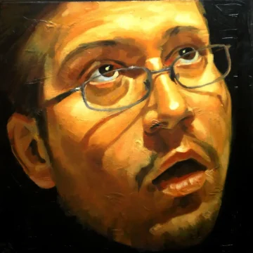 Affect Display – Pragul revelației |
Pictură, ulei pe pânză, 2013
40 × 40 cm Autoportret contemporan în ulei pe pânză din seria Affect Display, cu privire intensă orientată lateral și tensiune emoțională, realizat de Călin Bogătean