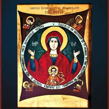 Icoană pe sticlă reprezentând Maica Domnului „Oranta” (a Semnului), reinterpretare contemporană în stil iconografic tradițional