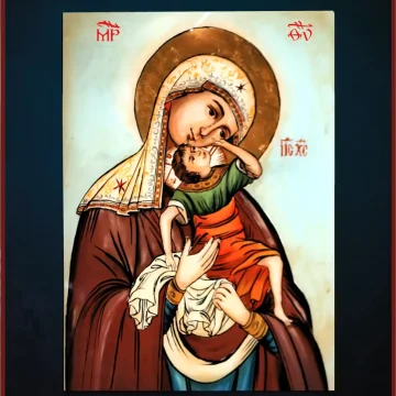 Icoană pe sticlă reprezentând Maica Domnului „Dulce Iubitoare”, reinterpretare contemporană în stil iconografic tradițional Maica Domnului – icoană pe sticlă