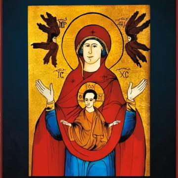 Icoană pe sticlă reprezentând Maica Domnului cu Pruncul Iisus „Orantă”, reinterpretare contemporană în stil iconografic tradițional