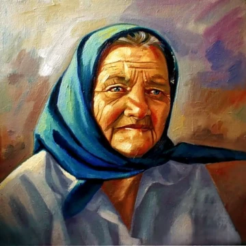 Portretul mătușii Verghiuța —
Pictură, ulei pe pânză, 2021
50 × 50 cm Portret figurativ contemporan al unei femei în vârstă, pictură în ulei pe pânză din seria Memoria pământului