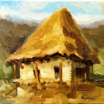 Satul – memorie și lumină
Pictură, ulei pe pânză, 2026
30 × 30 cm Lucrări disponibile Satul — memorie, identitate și figură arhaică reinterpretată Casă tradițională din sat românesc pictată în lumină caldă, simbol al memoriei rurale și al timpului care trece