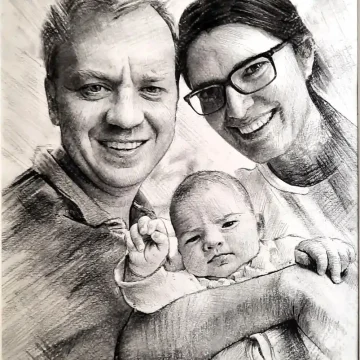 Portret de familie realizat manual după fotografie Portret de familie realizat în creion după fotografie