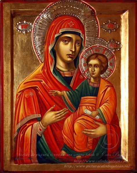 Icoană pe lemn reprezentând Maica Domnului Prodromița, pictură în tempera în manieră bizantină