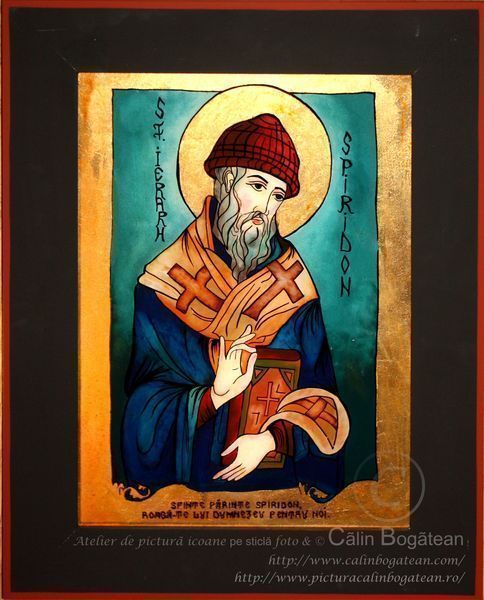 Sfântul Ierarh Spiridon, Sfântu Spiridon, Sfântul Ierarh Spiridon Corfu, icoană tradițională, Icoană pictată pe sticlă, Roxana Bogătean, pictură naivă, artă românească, icoană pe sticlă, pictură în tempera, de vânzare, la comandă, Spiridon rugăciune
